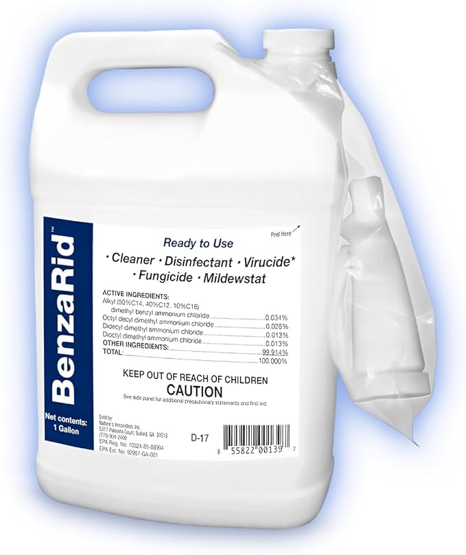 BenzaRid Hospital Disinfectant Sanitizer & Virucide | Kills 99.99% of COVID-19, Avian Flu H1N1,H1N2, H5N1, SARS, Bloodborne Pathogens, Staph, Bacteria & Mold | EPA Reg. | Child & Pet Safe 1 Gal