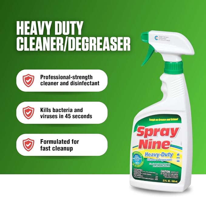 Spray Nine 26825 Heavy Duty Cleaner, Degreaser & Disinfectant for Kitchens, Bathrooms, Yard Equipment, Automotive & Industrial 22 Fl Oz. (Pack of 1)
