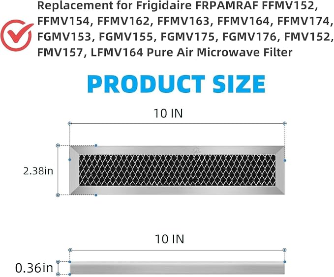2 charcoal filter with aluminum frame for Frigidaire FRPAMRAF Replacement Air Microwave Filter Replacement FFMV152,FGMV153,FFMV154,FGMV155,FMV157,FFMV162, FFMV163, FFMV164,FFMV174,FGMV175, FGMV176