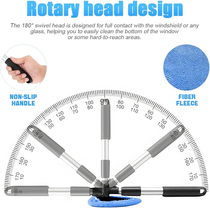 Extendable Car Windshield Cleaning Tool with Microfiber Pads, Blue | reusable glass-wiper design, interior and exterior window use, fits most cars, SUVs, and trucks, automotive cleaning tools