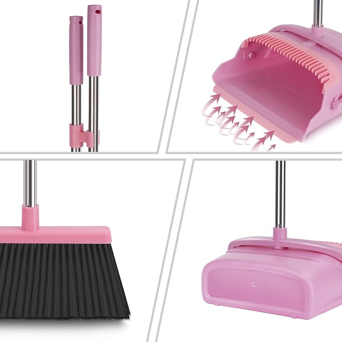 Broom and Dustpan Set for Home, Office, Indoor&Outdoor Sweeping, Stand Up Broom and Dustpan (Pink)