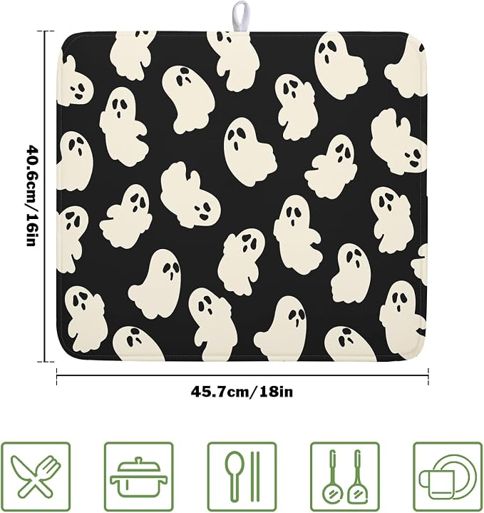 Halloween Ghost Dish Drying Mat 16X18 Inch Spooky Halloween Drying Mat for Kitchen Counter Black White Absorbent Microfiber Reversible Dishes Pad Dish Drainer Mat for Halloween Kitchen Accessories