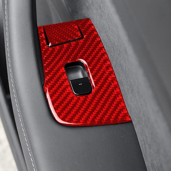 Red Real Carbon Fiber Trim for Tesla Accessories | for Model 3 2017-2022 / Model Y 2020-2024 Door Lifting Control Window Switch Panel Sticker Interior Thick Overlay Decal