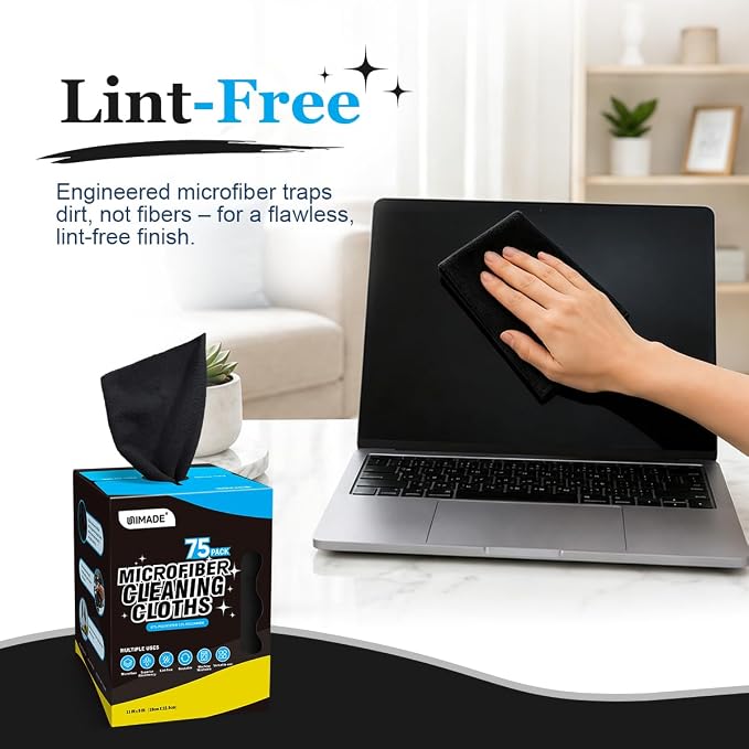 UNIMADE Microfiber Cleaning Cloth, 75 Sheets Microfiber Towels for Cars Commercial Grade Washcloths Lint-Free Bulk Shop Towel Cleaning Rags for Household Restaurant Garage Housekeeping, 11"x 9", Black
