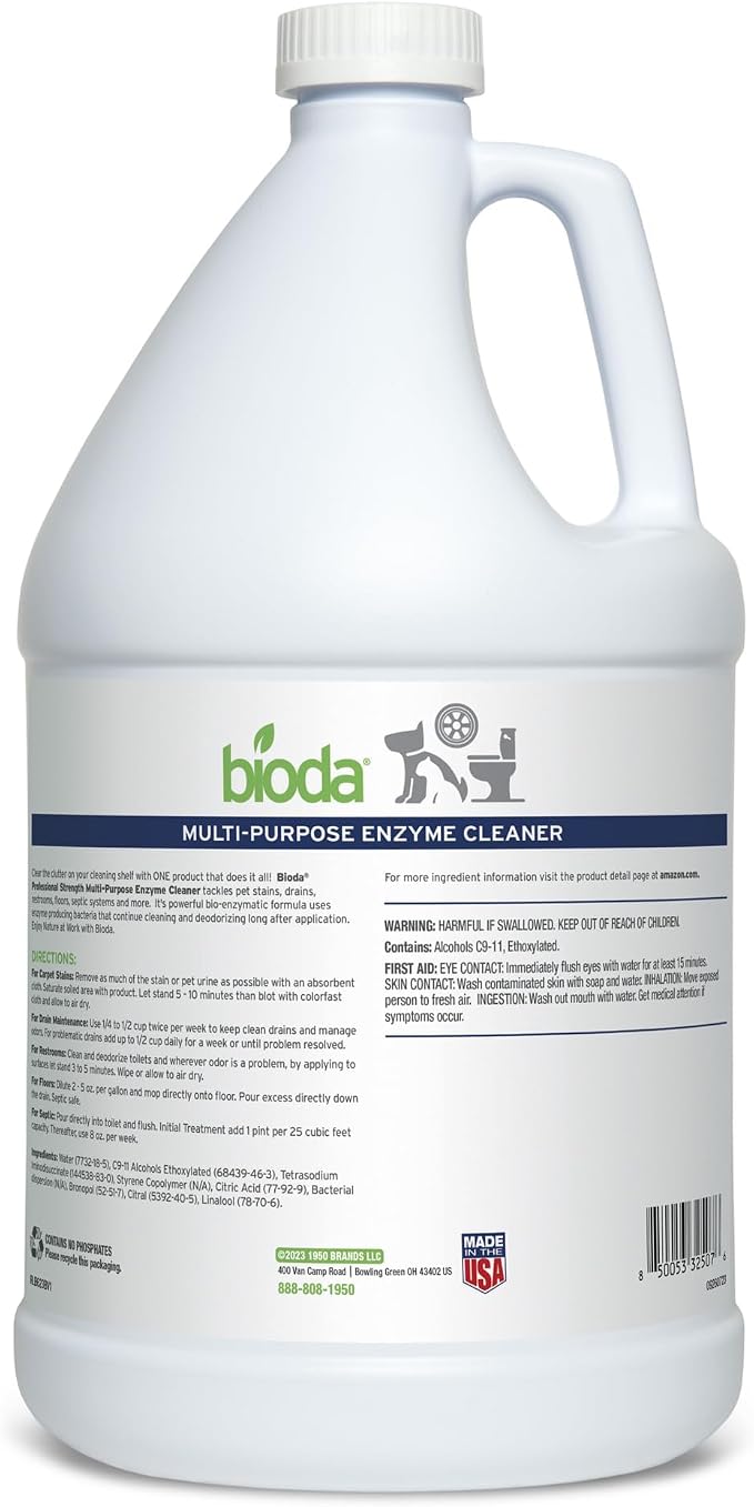 Bioda Probiotic Enzyme Cleaner & Deodorizer | Professional Strength | Enzyme Cleaner, Trash Can Deodorizer, Pet Stains, Odors, Drains, Floors, Bathrooms, Toilets | Made in USA | 1 Gallon | 4 Pack