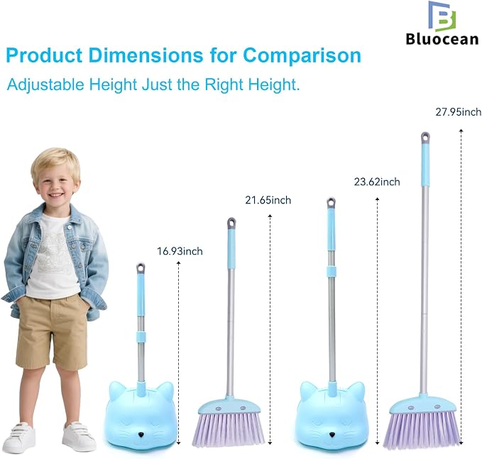 28'' Kids Mini Broom and Dustpan Set - Toddler Cleaning Toy, Toddler Household Helper, Parent-Child Interactive Play Cleaning Tool, Cute Cartoon Design, Small Safe Corner Broom (Blue)