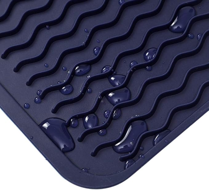 MicoYang Silicone Dish Drying Mat — Quick-Dry Ridges Counter & Sink Pad, Heat-Resistant Trivet to 450°F, Non-Slip & Dishwasher Safe, Roll-Up Storage, 18 Colors & 9 Sizes (Navy Blue, 16"×12")