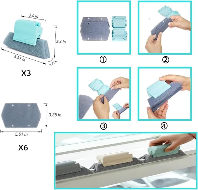 Window Screen and Track Cleaner Kit, with Mesh Screen Brush, 3 Groove Cleaning Brushes & 6 Reusable Pads for Sliding Door Tracks, Window Sills, Blinds, Vents - Detachable Pole