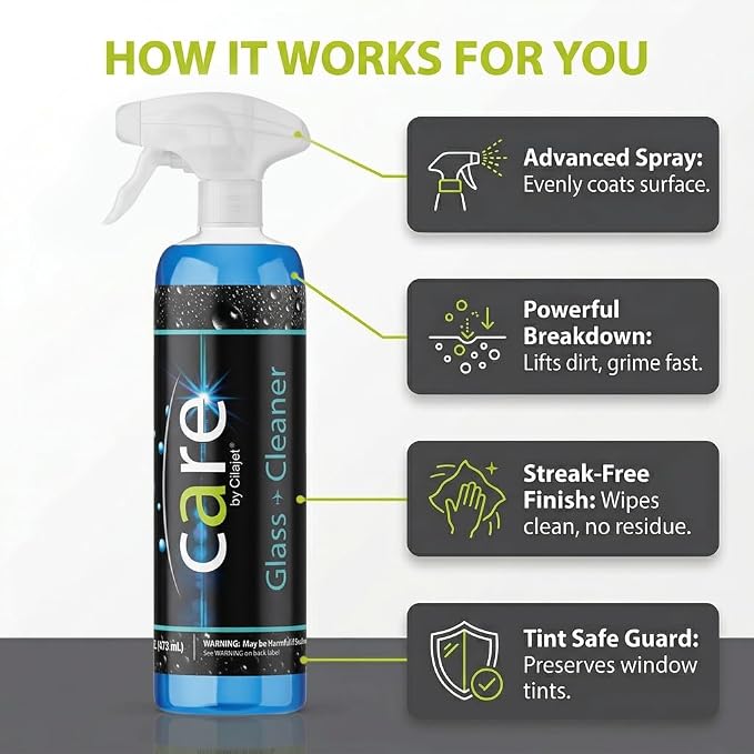 Care Glass Cleaner Spray, Streak-Free Car Window Cleaner for Windshields, Mirrors & Tinted Glass, Professional Window Cleaning Kit, Car Essentials, 16 oz