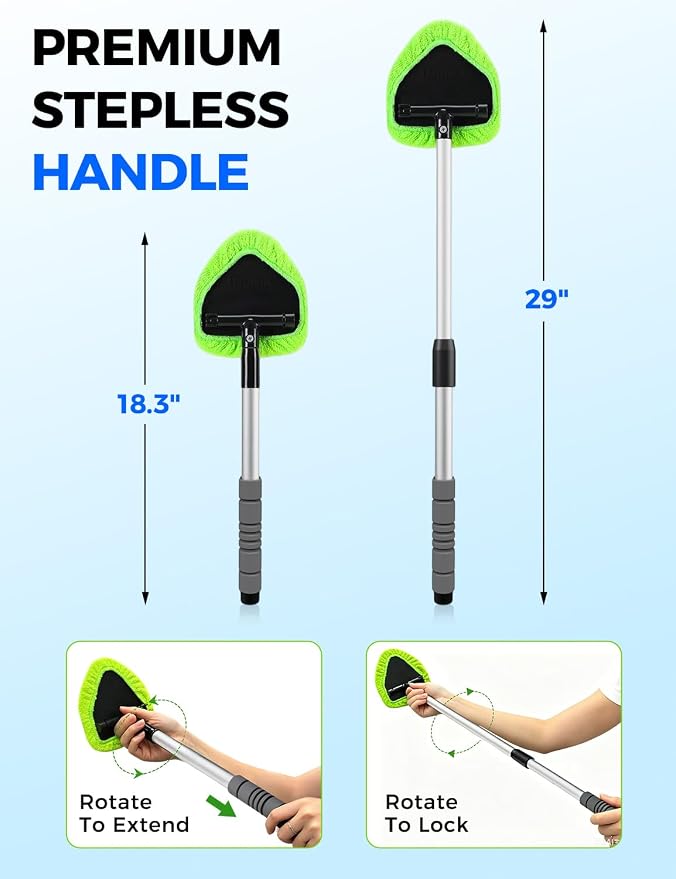 XINDELL Interior Windshield Cleaner Tool – Car Interior Window Cleaning Kit with 29inch Extended Long Handle & 4 Microfiber Pads, Auto Wiper Windshield Brush for Car, Trucks, SUVs, RVs & Home