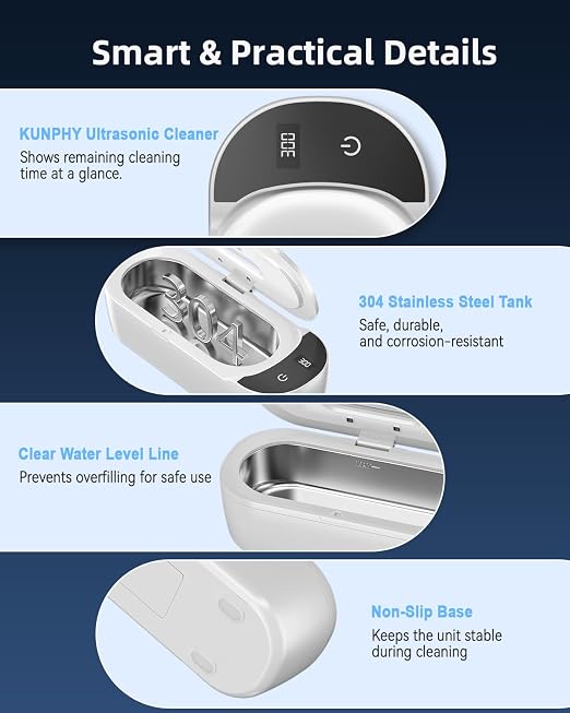 KUNPHY Ultrasonic Jewelry Cleaner, 400ml Sonic Cleaner for Rings, Glasses | 4 LED Light & Display, 48kHz Ultrasonic Cleaner, 400ml 304 Tank, Quiet 45dB, Dual 5/10min Timers, Overheat Protection, White