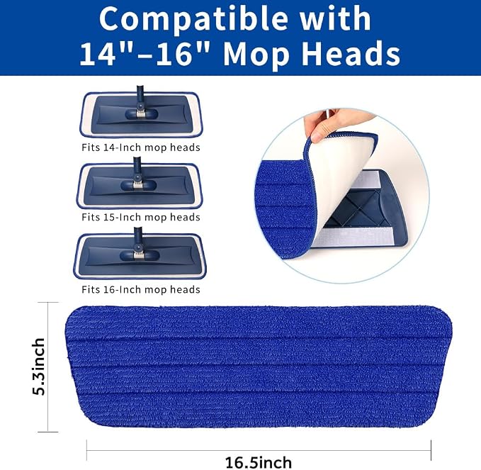 16.5" Microfiber Mop Pads Refills, 4 Pack Reusable Replacement Heads | reusable wet mop refills, machine washable for 14-16 inch spray mops, hardwood floors, dust cleaning & scrubbing