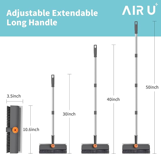 AIR U+ Floor Scrub Brush with Long Handle, 3-in-1 Rotating Head & Squeegee | Stiff Dual-Sided Bristles for Shower, Bathroom, Kitchen and Patio, 30–50 In Handle for Easier Stand-up Cleaning, Gray