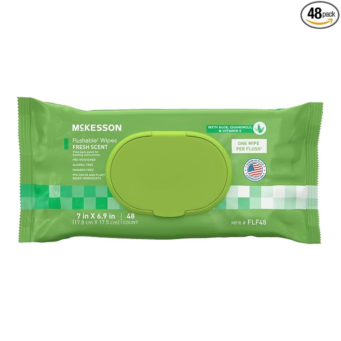 McKesson Flushable Adult Wet Wipes, Scented, 48 Wipes (1 Pack of 48) | Plant-Based Cleansing Wipes, Scented, Gentle on Skin, Plant-Based Adult Cleansing Wipes