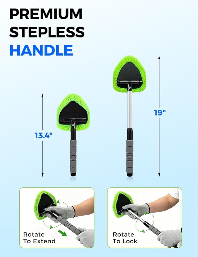 XINDELL Interior Windshield Cleaner Tool – Car Interior Window Cleaning Kit with Extendable Handle & 4 Microfiber Pads, Auto Wiper Inside Compact Windshield Brush for Car & Home Windows