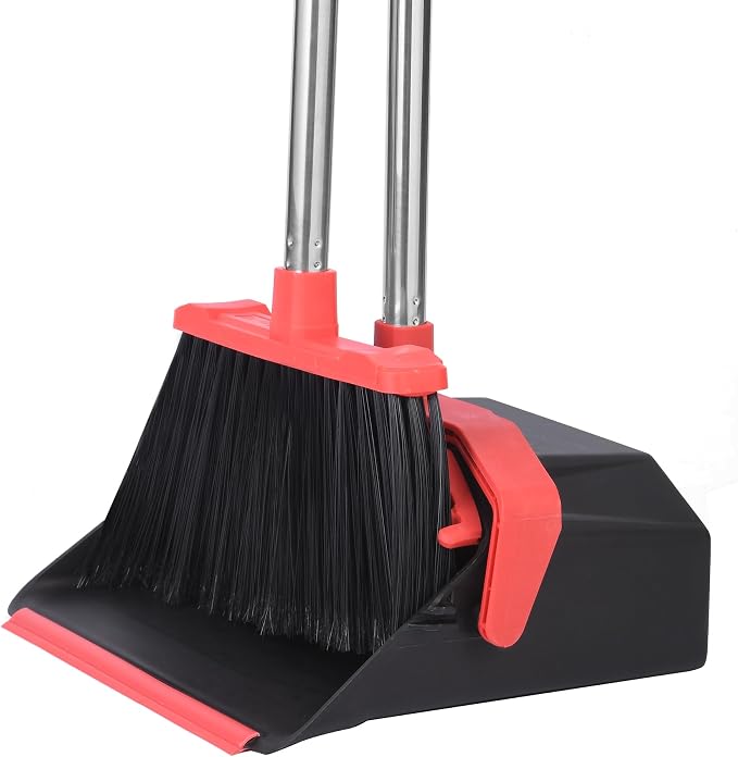 Tiumso Upgrade Broom and Dustpan Set, 51'' Sturdy Long Handle, Large Upright Stand Up Broom and Dustpan, ZeroGap Lip, Self-Cleaning Dustpan Teeth for Lobby Kitchen Office Floor - Black and Red