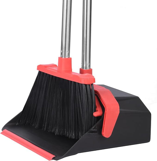 Tiumso Upgrade Broom and Dustpan Set, 51'' Sturdy Long Handle, Large Upright Stand Up Broom and Dustpan, ZeroGap Lip, Self-Cleaning Dustpan Teeth for Lobby Kitchen Office Floor - Black and Red