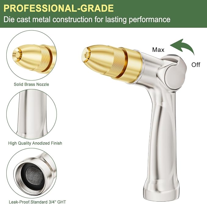 FANHAO 100% Metal Thumb Control Adjustable Hose Nozzle, High Pressure | Zinc Alloy Rustproof Garden Hose Sprayer Heavy Duty, Elder & Child Friendly, Adjustable Patterns for Garden, Lawn, Car, Pet