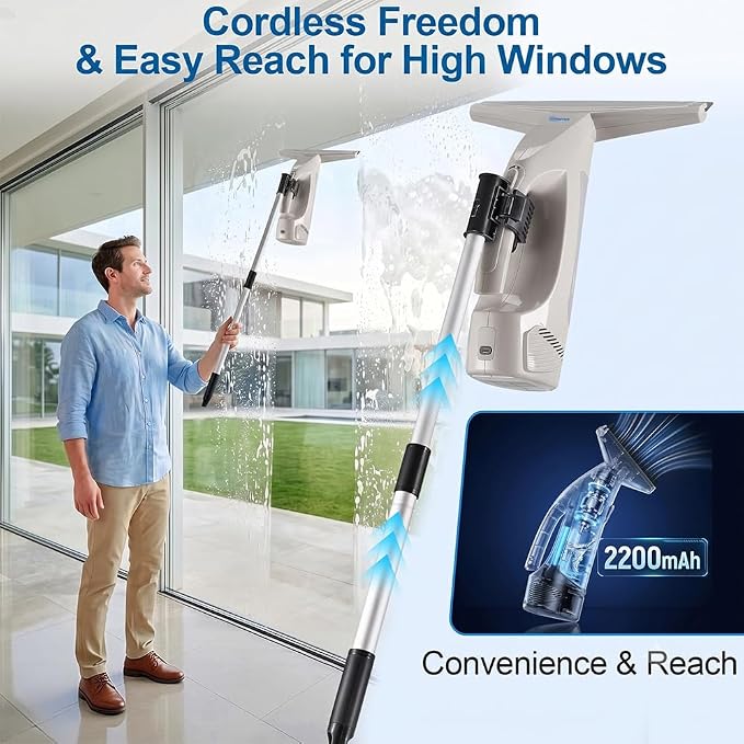 GARYOG Window Vacuum Squeegee Cordless,Electric Window Cleaner Kit with 31-40" Extendable Pole,2000Pa, 2200mAh,150ml Tank,2 Squeegee Blades for Shower Glass,Mirrors,Car,Tiles.