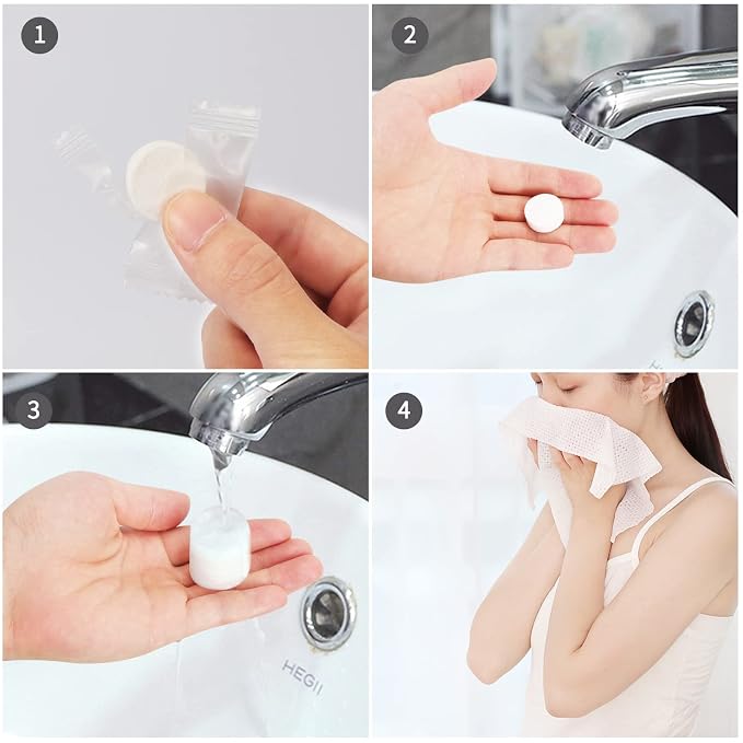 Classycoo Compressed Towel - 200 PCS Mini Tablets Disposable Portable Face Towel Coin Tissue for Travel, Camping, Hiking, Sport,Beauty Wipes, Outdoor Activities Pink+Blue