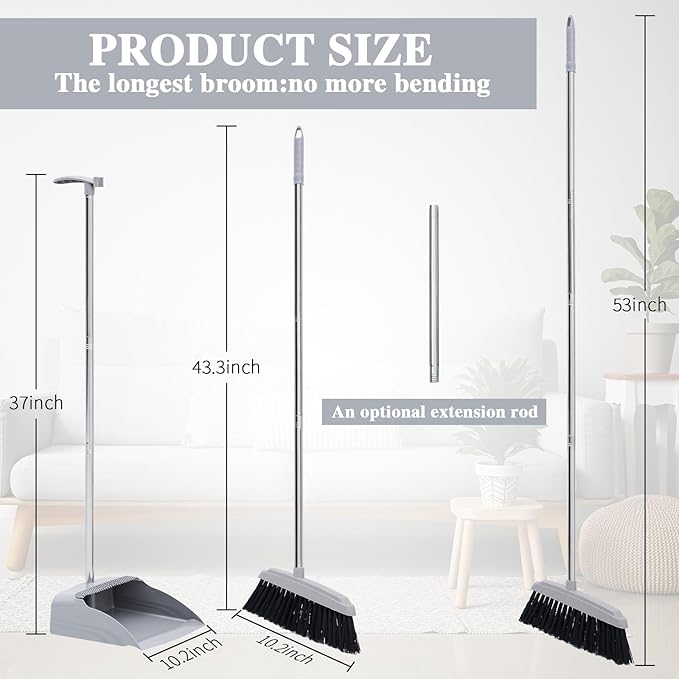 Tioncy 8 Set 16 Pcs Broom and Dustpan Set 53 Inch Broom with Dustpan Combo with Long Handle Upright Stand up for Office Home Kitchen Lobby Floor Cleaning