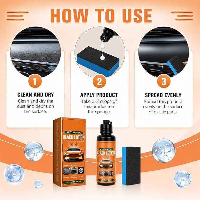 Auto Plastic Restorer Kit, Plastic Restorer for Cars Interior Exterior Detailing Black Lotion with Sponge, Can Restore The Luster Of Faded Plastics And Rubbers Fast Drying Long Lasting Coating (2Pcs)