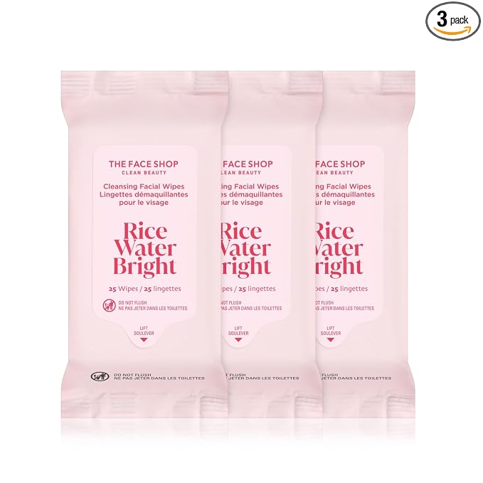 THE FACE SHOP X GLAMZILLA Rice Water Bright Cleansing Wipes On-the-Go Bundle for Face, Moisturizing, Infused with Rice Extract, Cleansing Facial Wipes, 25 Count (Pack of 3)