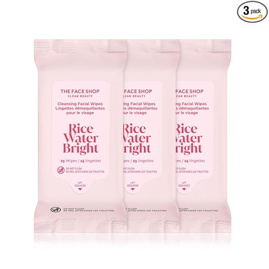 THE FACE SHOP X GLAMZILLA Rice Water Bright Cleansing Wipes On-the-Go Bundle for Face, Moisturizing, Infused with Rice Extract, Cleansing Facial Wipes, 25 Count (Pack of 3)