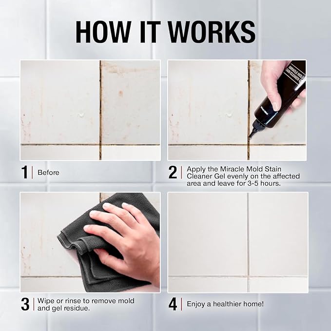 GlassGuard Miracle Mold Stain Remover Stain Gel – Heavy Duty Cleaning Gel for Grouts, Ceramic, Glass, Silicone, Caulk & More – Washing Machine Cleaner Front Loader (300 ml / 10 oz)