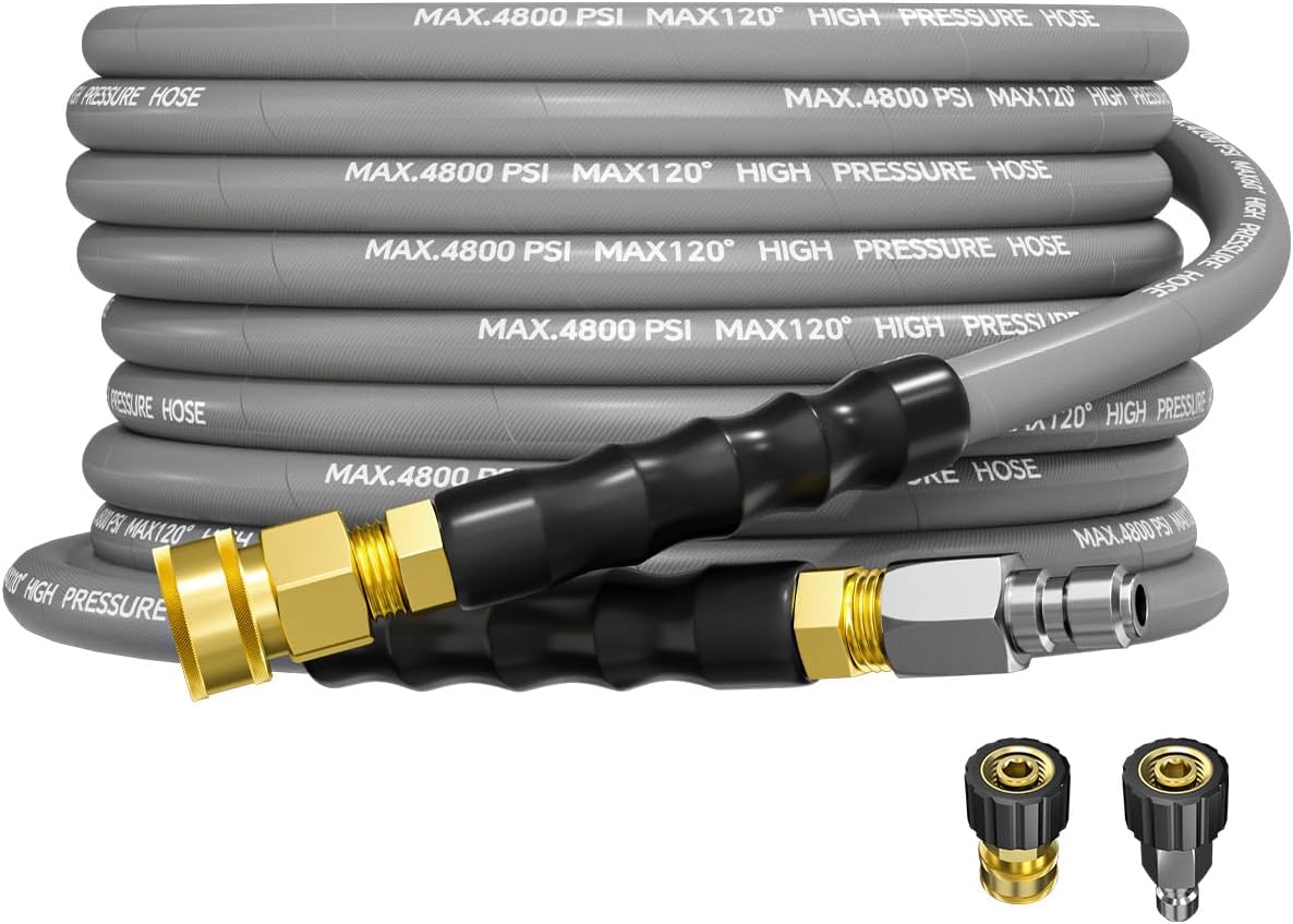 3/8" 4800PSI Pressure Washer Hose 25FT Swivel Quick Connect | Power Washer Hose for Cold/Hot Water Max 248°F, Kink Resistant Steel Wire Braided, Wear Resistant with M22 14mm Adapter