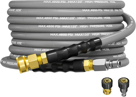 3/8" 4800PSI Pressure Washer Hose 25FT Swivel Quick Connect | Power Washer Hose for Cold/Hot Water Max 248°F, Kink Resistant Steel Wire Braided, Wear Resistant with M22 14mm Adapter