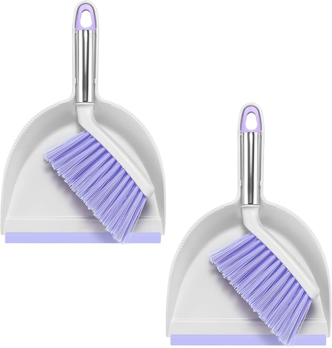 NACENA Mini Broom and Dustpan Set 2 Packs, Small Dust Pan and Brush Set with Handle Dustpan Teeth for Cleaning Hair Suitable for Office Desks Drawers Sofas Outdoor Camping, Light & Purple
