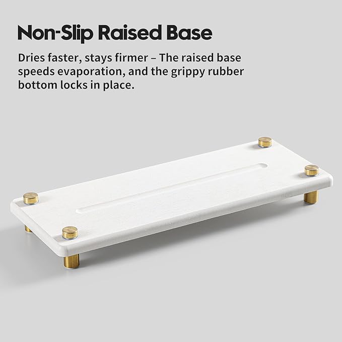 Razborci Water Absorbing Stone Sink Caddy Kitchen Sink Organizer Tray, Diatomite Bathroom Counter Tray, Gold Faucet Drying Mat Coaster Soap Dish Rack Riser Dispenser Sponge Holder, White 10" x 4"
