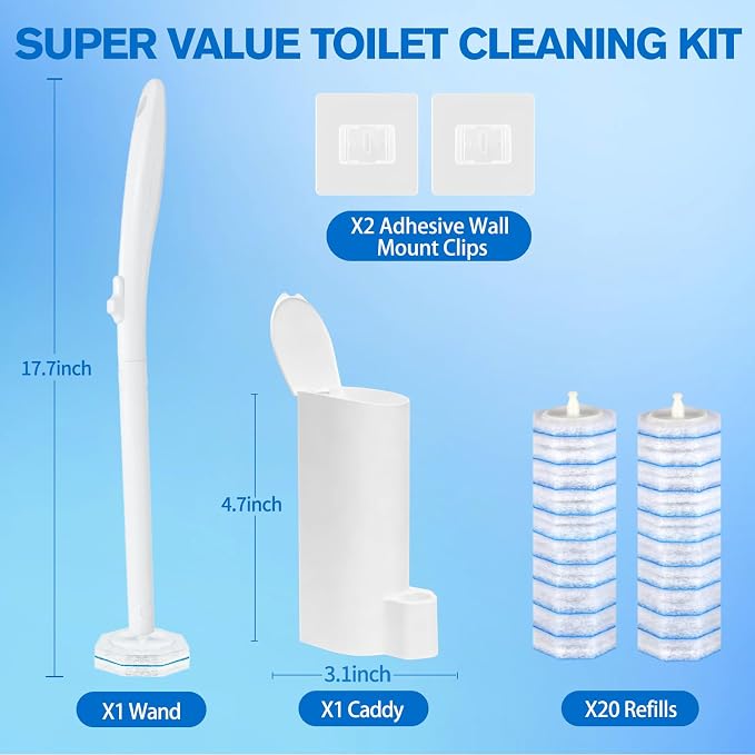 Toilet Brush and Holder Set - Disposable Toilet Bowl Wand Refills with Toilet Bowl Cleaners, Toilet Brush Set Includes 20 Refill Heads, Wand & Storage Caddy - 5X Cleaning Power