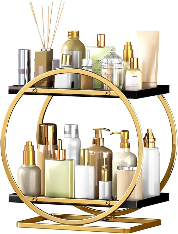Makeup Organizer for Vanity, Black Gold Perfume Organizer for Dresser, 2-Tier Bathroom Countertop Organizers, Bathroom Counter Shelf Skincare Holder Perfume Tray Cosmetic Display