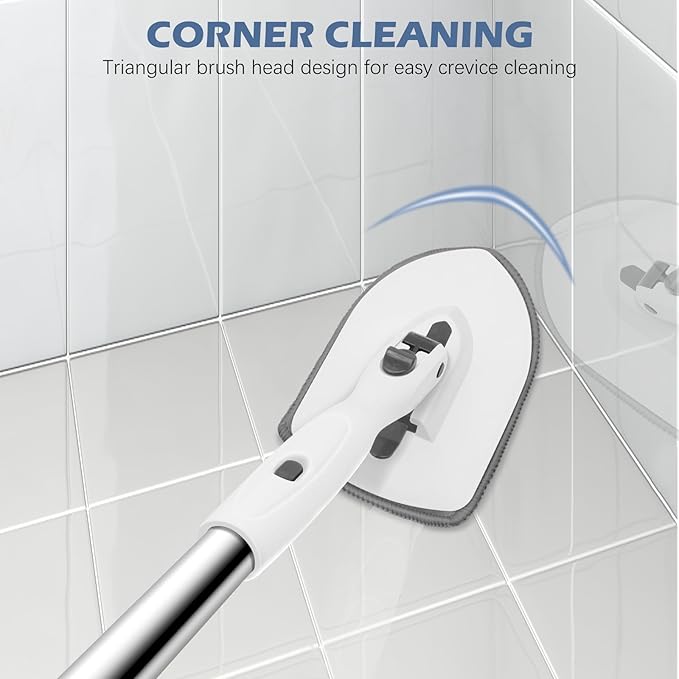SetSail Tile Tub Scrubber Brush 3-in-1 Long Handle Shower Brush,White Grey | with 3 Detachable Replacement Brush Head, Multi-Angle Cleaning Locks at 45°, 90°, 180° for Bathroom Kitchen Walls Tub Tile