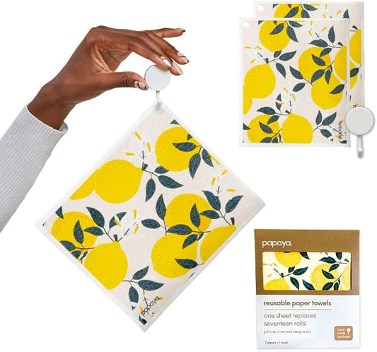Papaya Swedish Dishcloths for Kitchen, 2 Reusable Paper Towels, 1 Hook