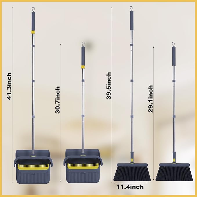 Heavy Duty Broom and Standing Dustpan Combo Set, Rotatable Head Dust Pan and Brush Set with Collapsible Handle, Cleaning Teeth, Hanging Loop, Ideal for Pets, RV, Kitchen, Camping, Outdoor Floor, Gray