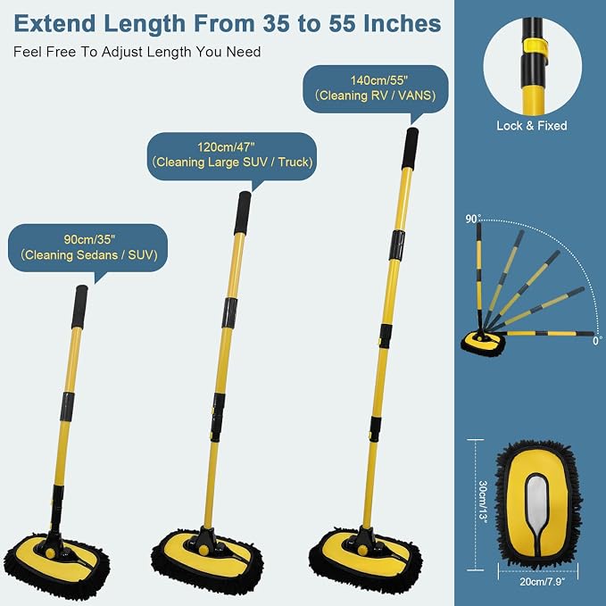 YeewayVeh Car Wash Brush Mop, 55" Long Handle, 15° Curved, Yellow & Black | Extra Microfiber Mop Head, Extension Pole, Scratch-Free Auto Cleaning Kit for Truck, SUV & RV