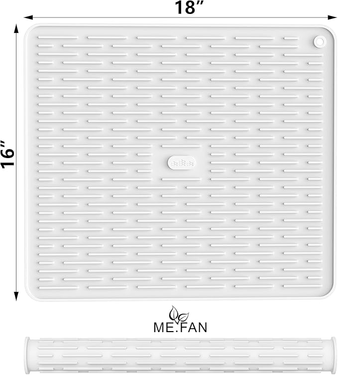 ME.FAN Silicone Dish Drying Mat for Kitchen Counter, Dish Drying Pad for Sink, Refrigerator or Drawer, Countertop Protection Pad L - 18''×16'' - White