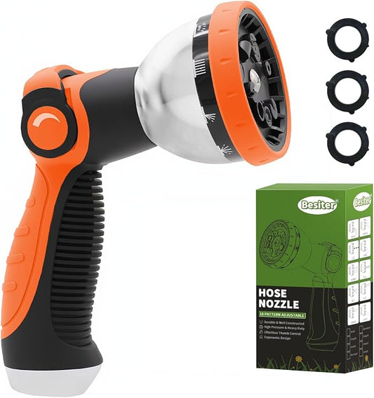 Besiter Garden Hose Nozzle, Hose Sprayer Nozzle with 10 Spray Patterns, Thumb Control On Off Valve, High Pressure Metal Water Hose Nozzle for Car Wash, Plants, Pets & Outdoor Cleaning, Orange