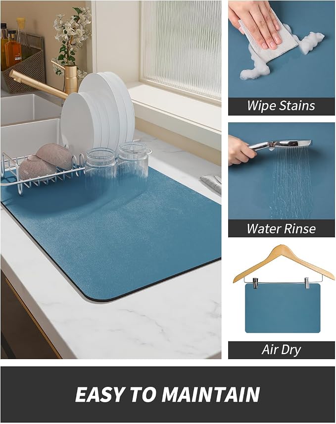 AMOAMI-Coffee Mat Hide Stain Rubber Backed Absorbent Dish Drying Mat for Kitchen Counter-Coffee Bar Accessories Fit Under Maker Machine Pot Espresso Machine Dish Rack Blue