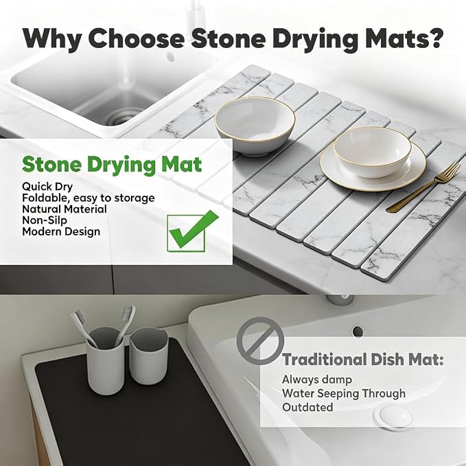 Stone Drying Mat for Kitchen Counter, Quick Diatomaceous Earth Mats for Dishes, 24"L x 16" W Super Absorbent Fast-Drying Collapsible Countertop Stone Mat (Marble White, 24" x 16")