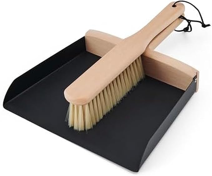 Copco Hand Brush and Dustpan Set - Wooden Beechwood Handle Broom and Dust Pan with Soft Bristles, Leather Loop Hanging Storage, Iron Dustpan, Kitchen and Home Cleaning Essentials