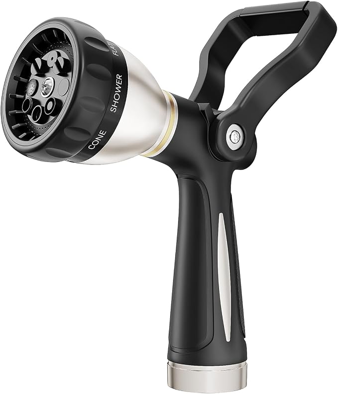 FANHAO Fireman Style Water Hose Nozzle Heavy Duty Metal, 8 Spray Patterns | Large Lever Control, Non-Slip Ergonomic Grip, High Pressure, Rustproof Leakproof Garden Hose Sprayer for Garden, Car & Pet