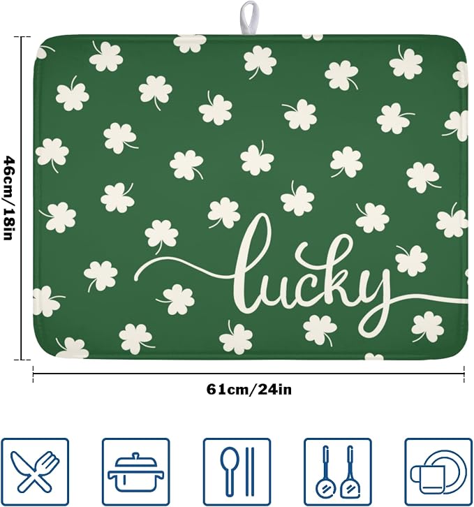 St Patricks Day Lucky Clover Dish Drying Mats for Kitchen Counter Green White Shamrock Dish Drying Pad St Patrick Microfiber Absorbent Reusable Washable Large Dishes Drying Mat 18x24 Inch