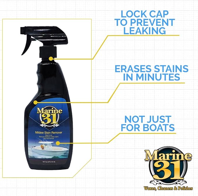 Marine 31 Mildew Stain Remover & Cleaner | Effective for Boats, Home, Patio, & Bathroom | Removes Mildew & Mold Stains | Powerful Cleaning Formula | 16oz