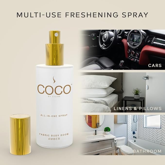 COCO by Stone 5oz All-in-One Spray Amber Fabric & Room Mist | Shake-and-spray formula for fabrics, pillows, clothing, and rooms with a warm Amber fragrance. Vegan & cruelty-free.