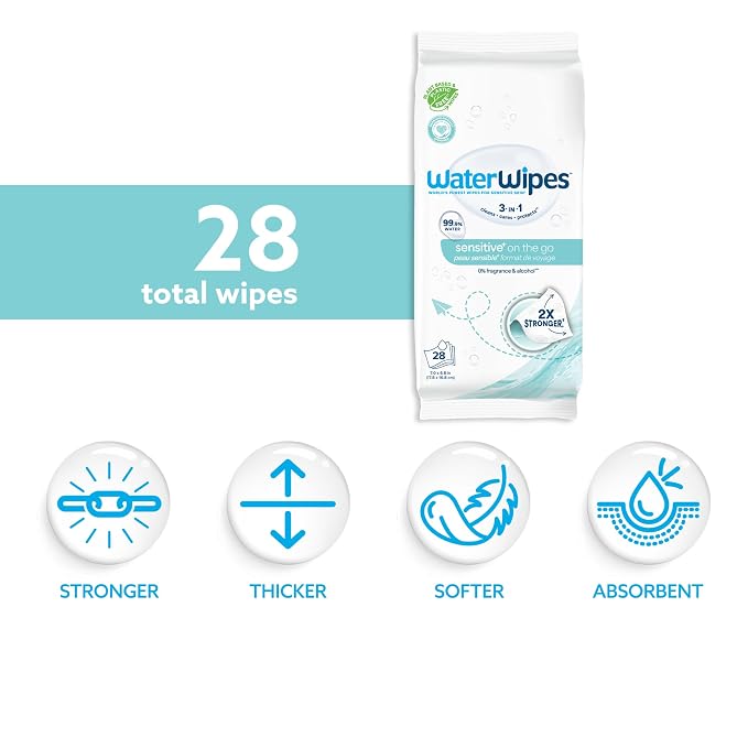 WaterWipes Sensitive+ On The Go Wipes, 3-In-1 Cleans, Cares, Protects, 99.9% Water, Unscented & Hypoallergenic Wet Wipes, 28 Count (Pack of 1)