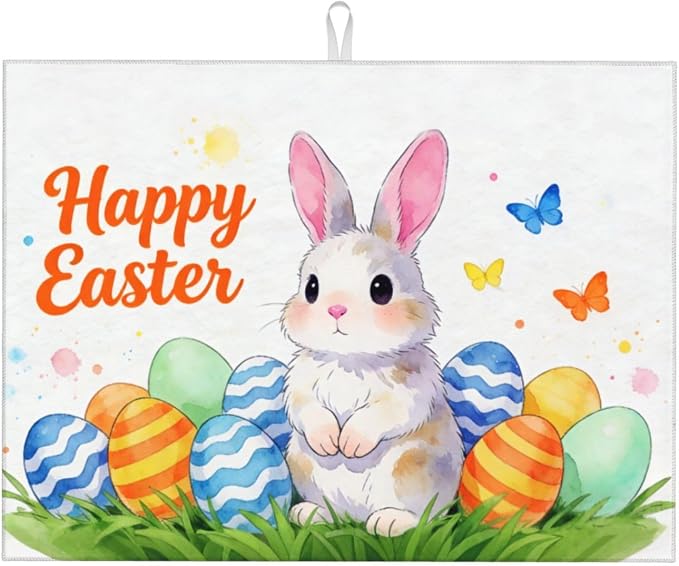 Easter Bunny Dish Drying Mat, for Kitchen Counter Microfiber Absorbent Easter Eggs Dish Draining Reusable Washable Extra Large 18"x24"